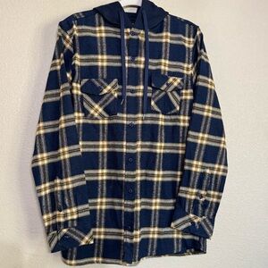 Burnside Hooded Flannel Blue Yellow Plaid Shirt Jacket Medium NWT